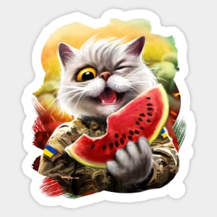 cute ukrainian cat with a watermеlon slice Sticker